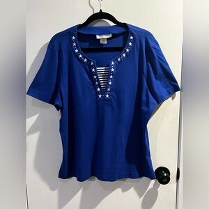 Cathy Daniels Blue Short-Sleeve Top with Star Trim
